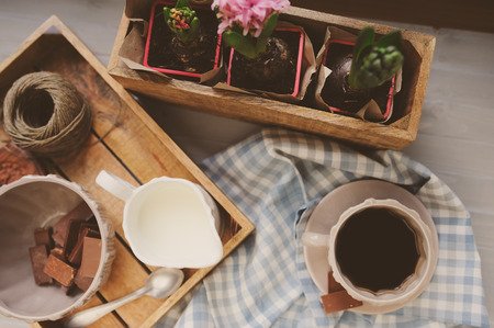 Easter and spring preparations. Hyacinth, eggs and garden tools on table, top view. Selective focus, cozy home interior.の写真素材