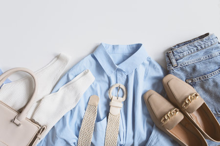 spring woman's fashion concept. Flat lay trendy casual outfit with blue shirt, jeans, knitted top and accessoriesの写真素材