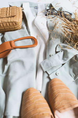 Woman feminine casual spring and summer fashion outfit on white background. Seasonal sale, online shopping concept.の写真素材