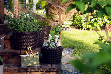 front house porch decorated with flowerpots and garden toolsの写真素材