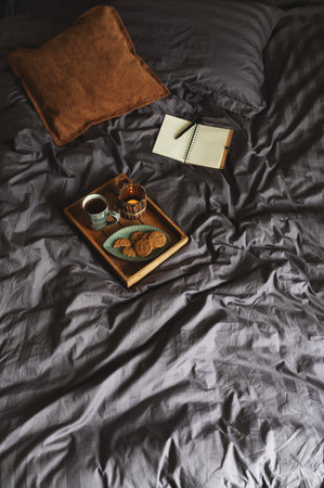 dark gray and brown rustic bedroom with satin stripe bedding, cozy day with book tea and cookiesの写真素材
