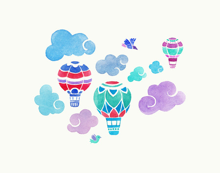 Aerostats in the sky. watercolor illustration with aerostats and cloudsのイラスト素材