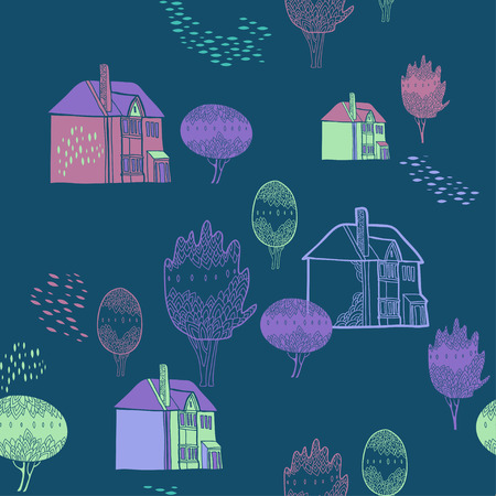background with old town. Seamless pattern. Cute trees and houses. Color ornamental texture with country landscape detailsのイラスト素材