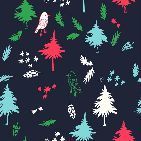 Winter forest. New Year seamless pattern with trees and floral elements.のイラスト素材