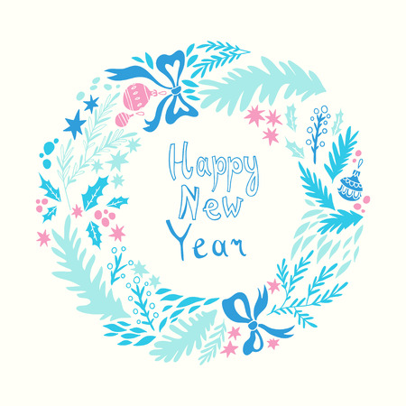 Happy New Year card. illustration with Christmas wreath. background with floral elements. Doodle styleのイラスト素材