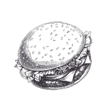 Delicious hamburger with tomatoes, meat, onion, cheese and lettuce leaves. Hand drawn vector illustration of fast food isolated on white. Sketch styleのイラスト素材