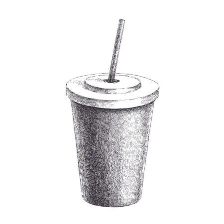 Drink in paper cup with straw. Hand drawn vector illustration of milk shake in disposable container isolated on white background.のイラスト素材