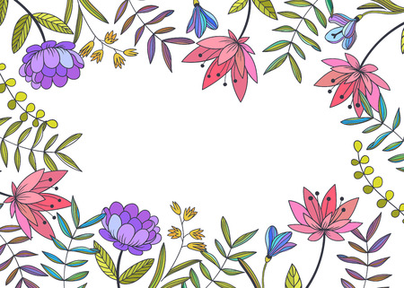 Vector decorative background. Hand drawn botanical illustration with flowers, branches and herbs. Floral design for invitation and greeting cardsのイラスト素材