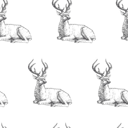 Vector seamless pattern with hand drawn forest deers. Background with wild animals in sketch style. Black and white textureのイラスト素材