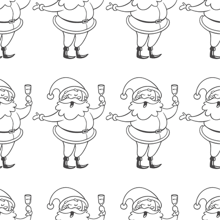 A Vector seamless pattern with Santa Claus with drink isolated on white. Hand drawn illustration with cute cartoon Christmas character giving a congratulatory speech with glass of wine. New Year textureのイラスト素材