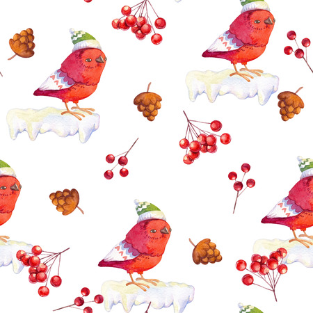 Watercolor seamless pattern with bird in hat on snow, rowan branches with berries and cones. Hand painted texture with cute winter symbols isolated on whiteの写真素材
