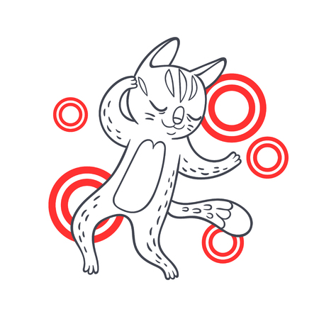 Vector hand drawn illustration of funny dancing cat on disco party.のイラスト素材