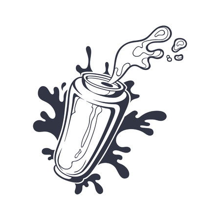 Vector hand drawn black and white illustration of can with beer or soda. Aluminum bottle with drink splash isolated on white. Sticker on comics styleのイラスト素材