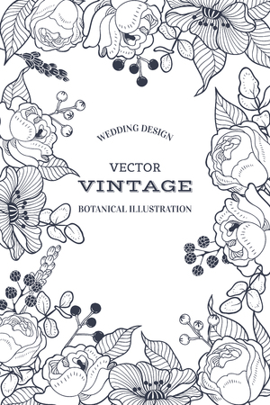 Vintage floral background for wedding invitation card or label. Vector botanical hand drawn illustration with flowersのイラスト素材