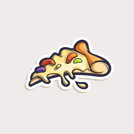 Vector sticker with cartoon pizza slice isolated on white. Hand drawn illustration with fast food object in comics style.のイラスト素材