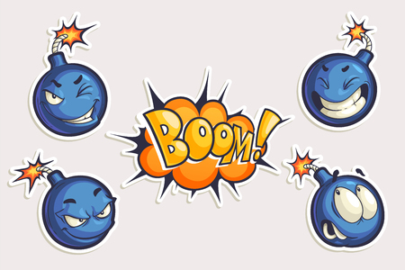 Vector set of cool stickers with cartoon bombs and Boom lettering. Hand drawn funny characters in different emotions in comics style isolated on white.のイラスト素材