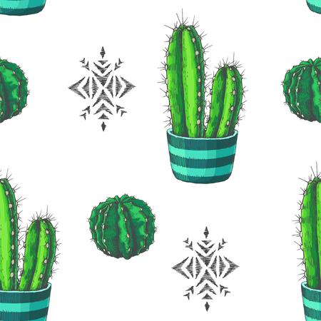 Vector seamless pattern with color houseplants and aztec ornament. Vintage illustration with cactus and succulents in engraving style. Hand drawn floral texture with tribal element.のイラスト素材