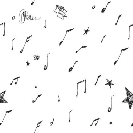 Vector seamless pattern with notes isolated on white. Abstract texture with musical hand drawn symbols. Simple background with funny signs.のイラスト素材