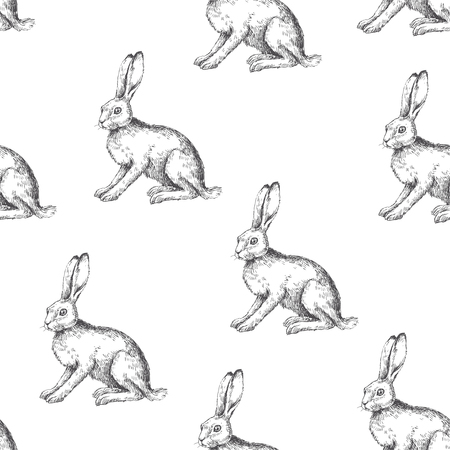Vector vintage seamless pattern with sitting hare isolated on white. Hand drawn texture with rabbit in sketch style. Background with engraved animal.のイラスト素材