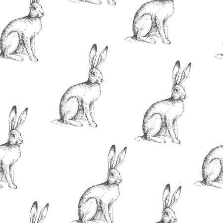 Vector vintage seamless pattern with sitting hare isolated on white. Hand drawn texture with rabbit in sketch style. Background with engraved animal.のイラスト素材