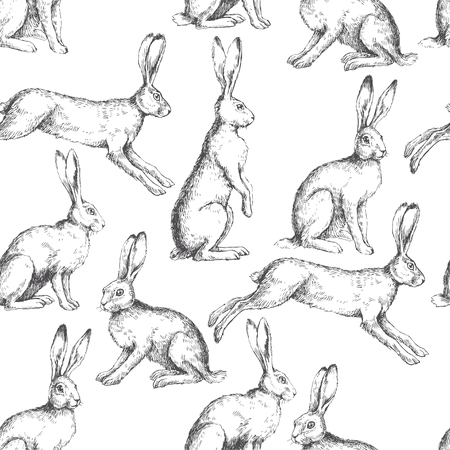 Vector vintage seamless pattern with hares in different actions isolated on white. Hand drawn texture with rabbits in engraving style. Background with sketch of animals.のイラスト素材