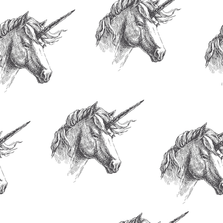 Unicorn head in engraving style. Vector vintage seamless pattern with magic animal isolated on white. Hand drawn texture. Fantasy background.のイラスト素材
