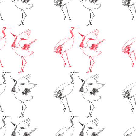 Vector seamless pattern with dancing cranes couple isolated on white. Hand drawn texture with beautiful birds. Animal sketchのイラスト素材