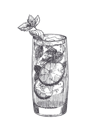 Vector illustration of mojito in glass isolated on white. Hand drawn sketch of cocktail with lime and mint leavesのイラスト素材