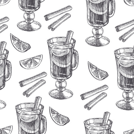 Vector vintage seamless pattern with mulled wine and spices in engraving style. Hand drawn texture with drink, cinnamon, cardamom and other ingredients. Food sketches isolated on white background.のイラスト素材