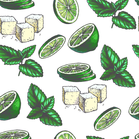 Vector vintage seamless pattern with ingredients for cocktail. Hand drawn color texture with peppermint leaves, green slices of lime and lump sugar in engraving style. Sketch of spices isolated on whiteのイラスト素材