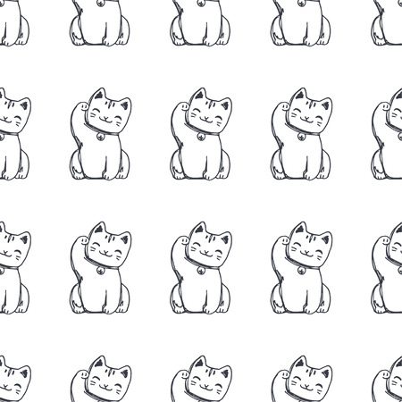 Vector seamless pattern with traditional japan cute mascot. Hand drawn texture with cat raised paw. Sketch of luck and money talisman.のイラスト素材