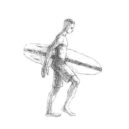 Vector hand drawn illustration. Man with board walking along the beach. Summer vacation. Sketch of surfer.のイラスト素材