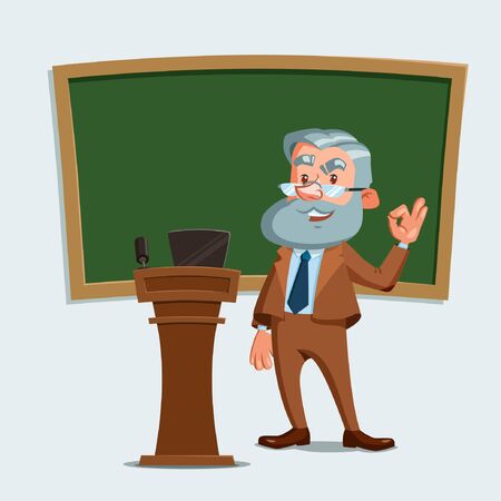 University professor standing with blackboard and rostrum.  Ok sign. Vector illustration. Cartoon character.のイラスト素材