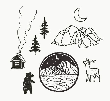 Vector set of hand drawn elements for travel design. Line sketches of natural details. Small graphic illustrations of mountains, moon, trees, and wild animals.のイラスト素材