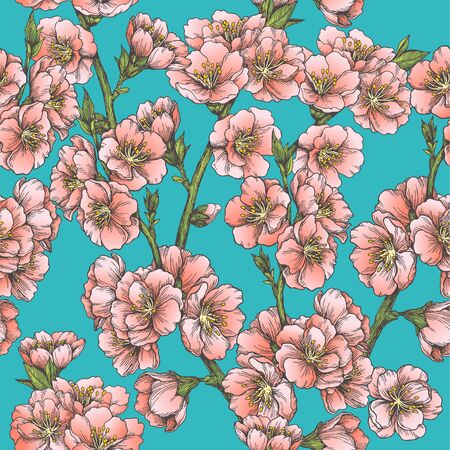 Vector seamless pattern with almond blossom. Hand drawn texture with apple tree flowers in engraving style. Spring blooming branches.のイラスト素材