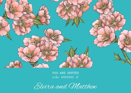 Vector vintage spring background with pink almond blossom. Hand drawn color botanical texture with apple tree flowers. Floral illustration.のイラスト素材