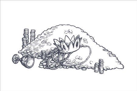 Vector vintage hand drawn illustration of ancient treasure. Sketch of a mountain of gold with crown and royal jewels isolated on white.のイラスト素材