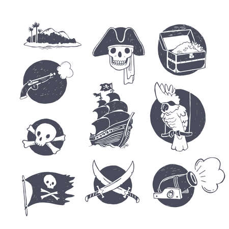 Vector set of illustrations of pirate symbols. Hand drawn doodle elements for adventure stickers.のイラスト素材