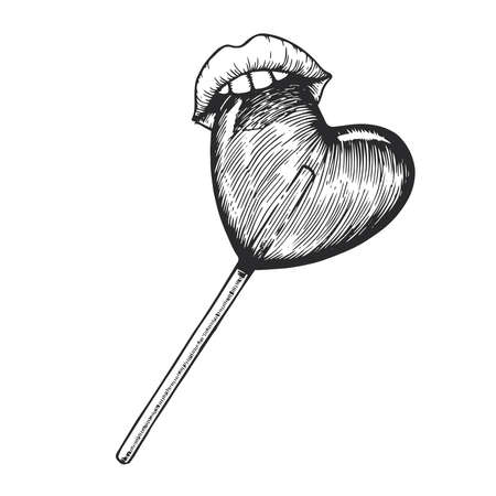 Vector hand drawn illustration of lollipop with lips isolated on white. Sketch of mouth biting candy heart on stick.のイラスト素材