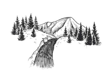 Vector landscape with a road leading to the mountains. Hand drawn illustration of rocks with firs. sketch of scenery.のイラスト素材