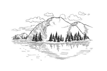 Vector illustration with lake and hills. Hand drawn mountain landscape. Sketch of sceneryのイラスト素材