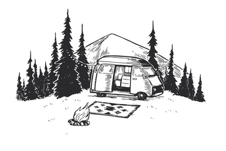 Vector hand draw illustration of landscape with mountains, forest, minivan and bonfire. Sketch of scenery of wild nature with camp.のイラスト素材