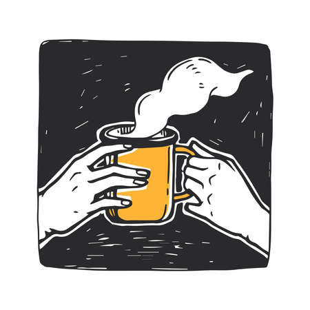 Vector illustration with hands holding cup with hot drink. Sketch of camping mug with coffee and steam.のイラスト素材