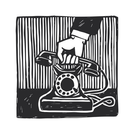 Vector hand-drawn sketch of a hand with a handset in the style of linocut. An illustration of a noir detective with a vintage telephone.のイラスト素材