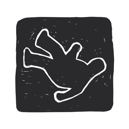 Vector hand drawn illustration of chalk outline on black ground. Sketch crime scene. Stamp for design of detective theme.のイラスト素材