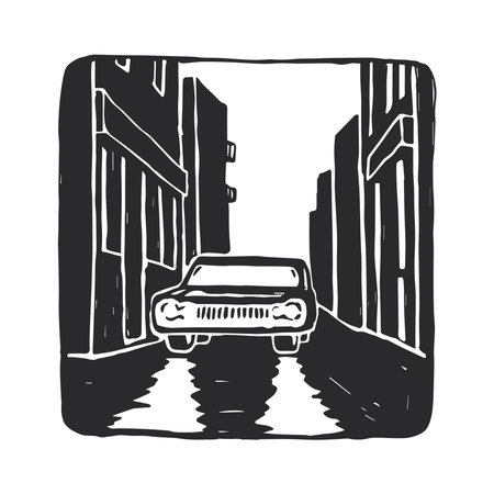 Vector illustration of car on the street on linocut style. Sketch with night city and auto with lights on. Stamp on the theme of the noir detectiveのイラスト素材