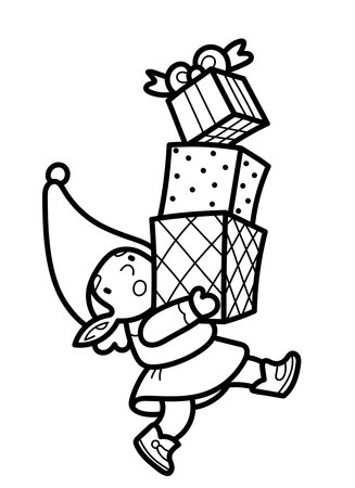 Vector outline illustration of Santa's elf with gifts. Coloring page with a Christmas symbol for the design of a children's book.のイラスト素材
