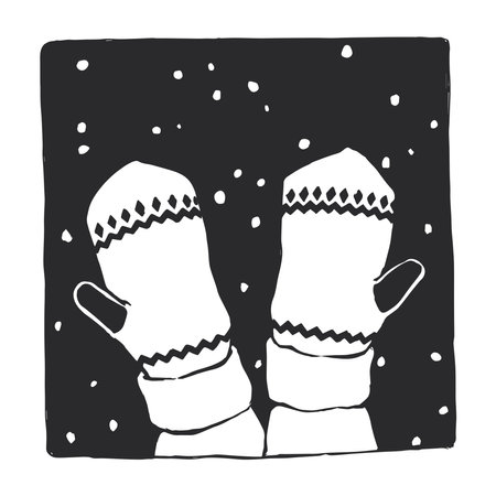 Vector hand-drawn illustration with hands in mittens against the background of snow. Sketch with cute winter accessories.のイラスト素材