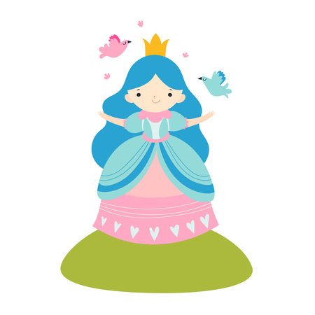 Vector children illustration of beautiful princess with birds isolated on white. Cute fairy tale character in flat style.のイラスト素材