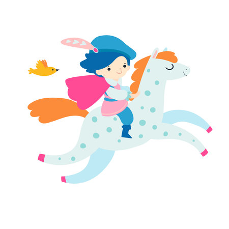 Vector color illustration of a young prince riding a horse in flat style. Cute fairy tale character isolated on white.のイラスト素材
